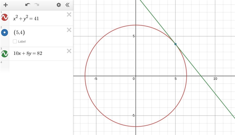 The line 10x + py = q is a tangent at the point (5, 4) in another circle with centre-example-1