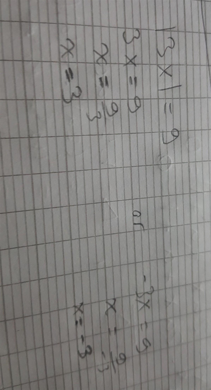 A. Solve each absolute value equation. /2.5pts 1)| 3x| = 9-example-1