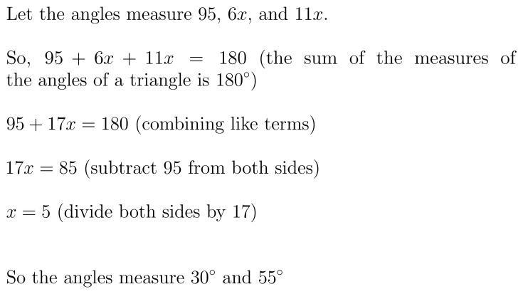 A triangle has an angle that measures 95°. The other two angles are in a ratio of-example-1