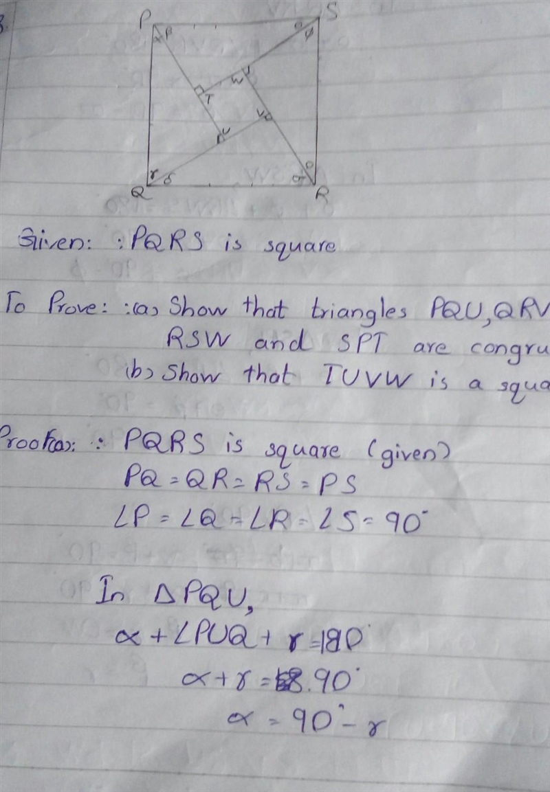 In the diagram, PQRS is a square. (a) Show that triangles PQU, QRV, RSW and SPT are-example-1