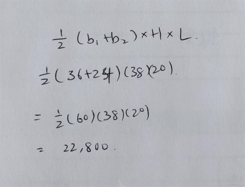 Find the volume. B1=36 B2= 24 Height=38 Length=20-example-1