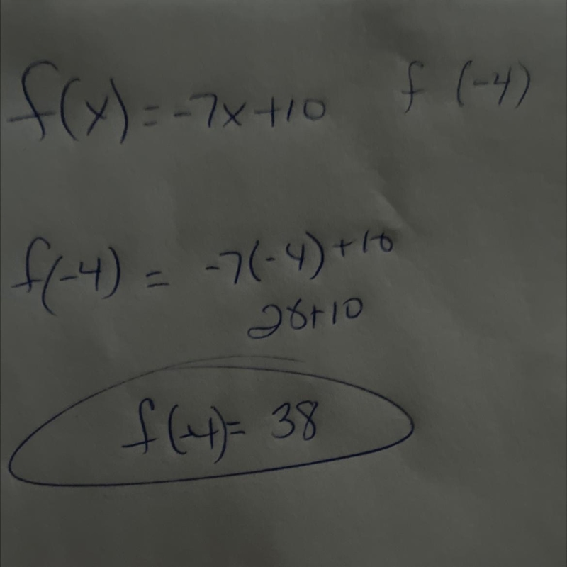 11.) If f(x) = -7x + 10, find f(-4).-example-1