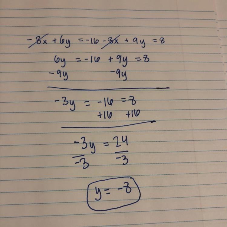 Solve using elimination. –8x + 6y = –16 –8x + 9y = 8-example-1