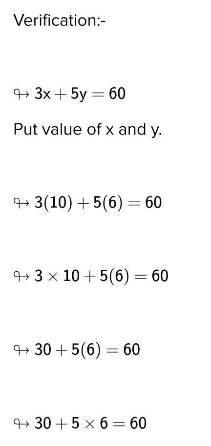 If x=10 what is the value of y in the equation 3x+5y=60-example-4