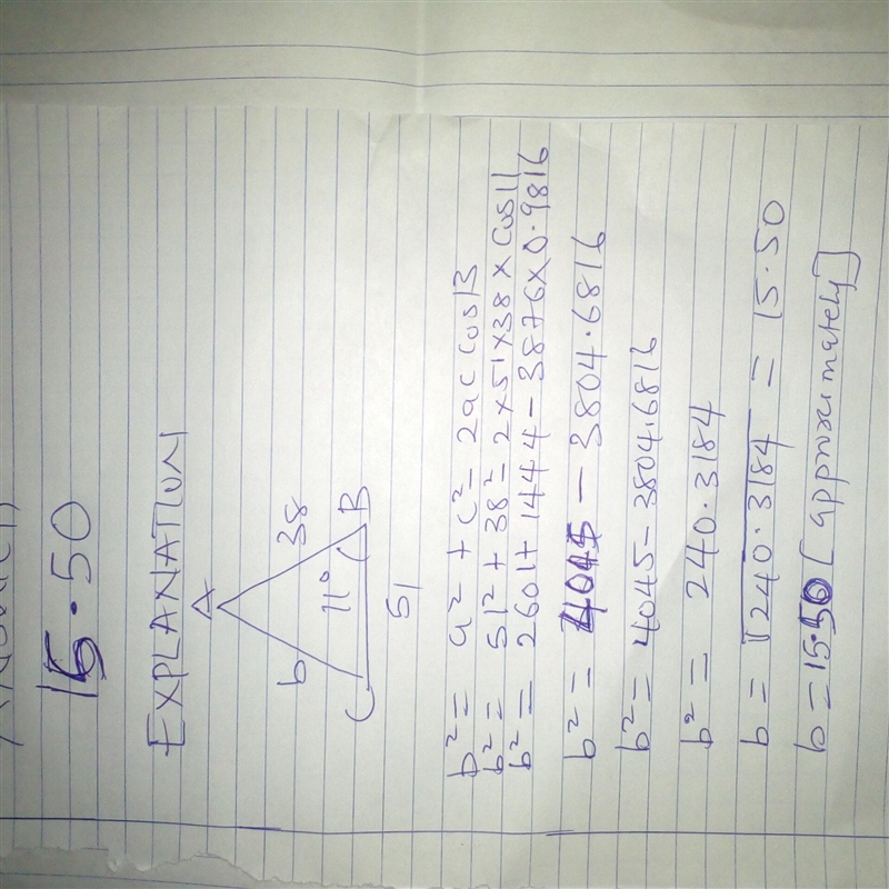 In triangle ABC, what is the measure of b if a = 51, c = 38, and B = 11°? Round the-example-1