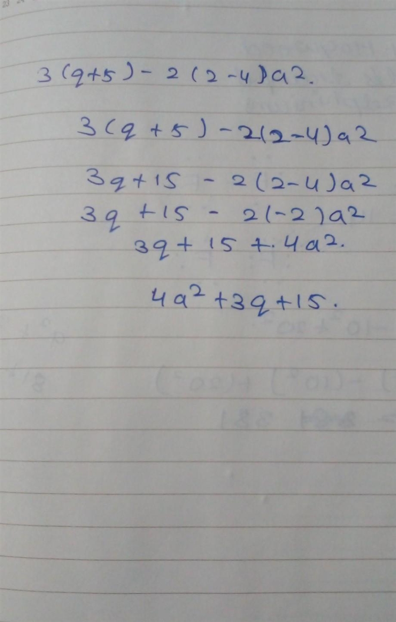 Expand and simplify 3(q + 5) - 2(2-4) a 2-example-1