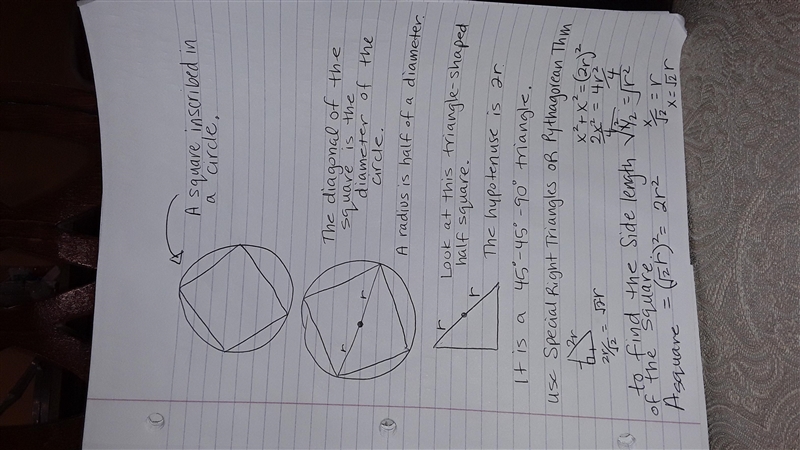 Show that the area of a square A inscribed in a circle with radius r is A=2r square-example-1