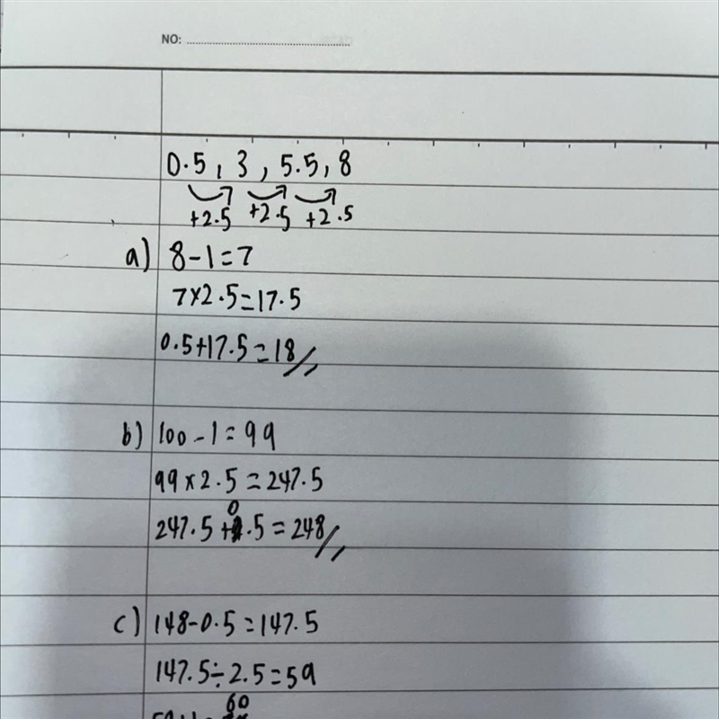 Below is a sequence of numbers: 0.5, 3, 5.5, 8, … Calculate: (a) the 8th term, Answer-example-1