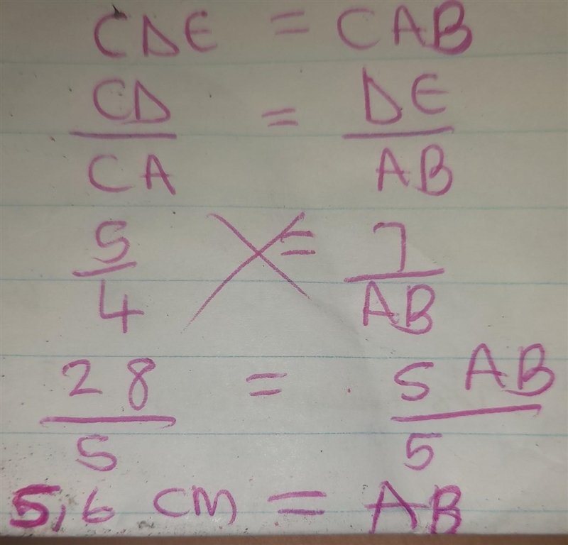 <CAB=<CDE, AC=4cm, DC=5cm and DE=7cm. Determine the length of sides AB of ∆ABC-example-1