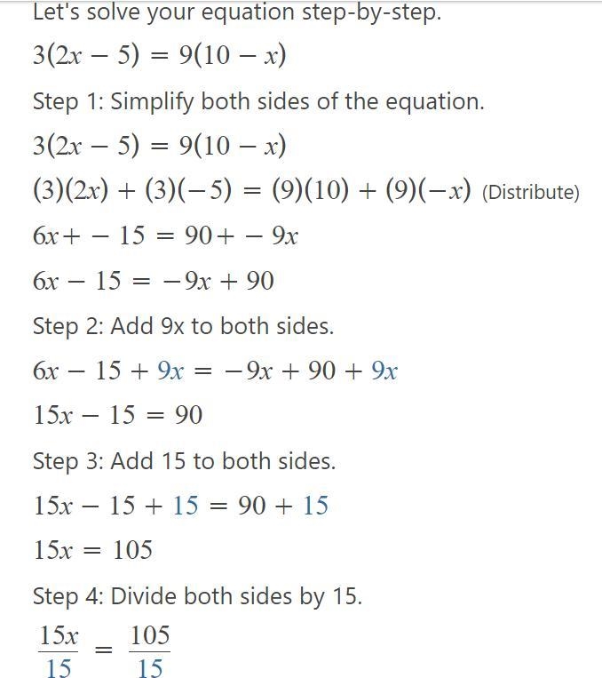 Solve 3(2x-5)=9(10-x)-example-1