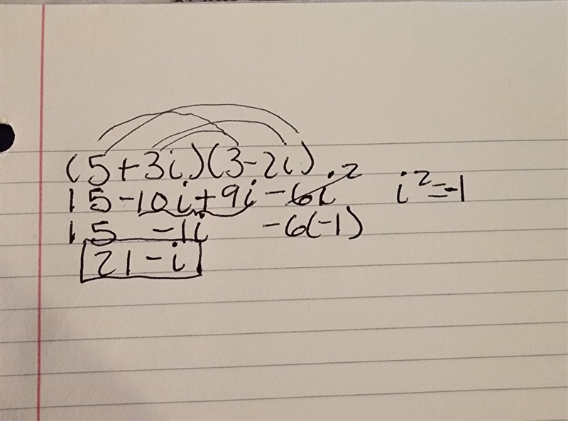 Heyy I need help with this problem please! Multiply and simplify (5 + 3i) (3-2i) I-example-1