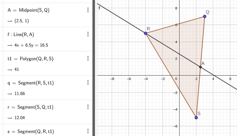 Given triangle QRS with Q(3, 7), R(-4,5), and S(2,-5), write an equation of median-example-1