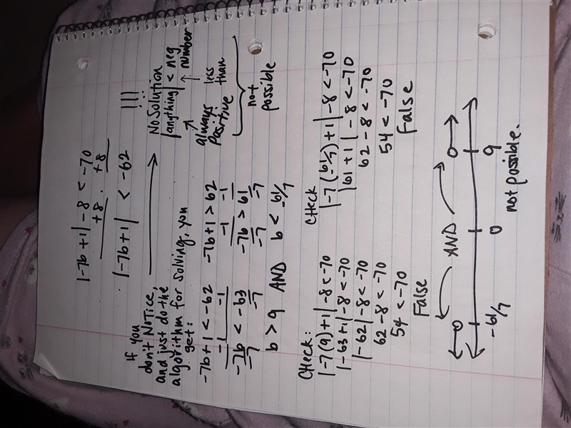 Somebody please solve the Absolute Value Inequality.: |-7b+1|-8<-70-example-1