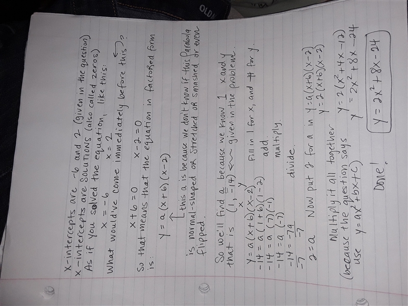 short answer: Write an equation in the form y=ax2+bx+c for a parabola that intersects-example-1