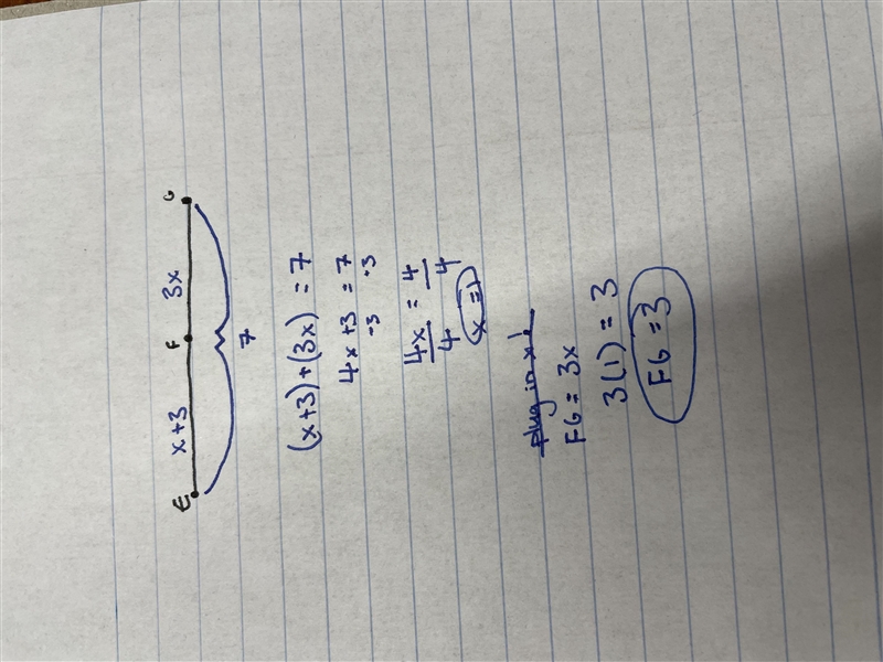 If EF = x + 3, FG = 3x, and EG = 7, what is FG?-example-1