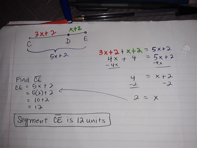 Point d is on line segment \overline{ce} ce. Given de=x+2,de=x+2, cd=3x+2,cd=3x+2, and-example-1