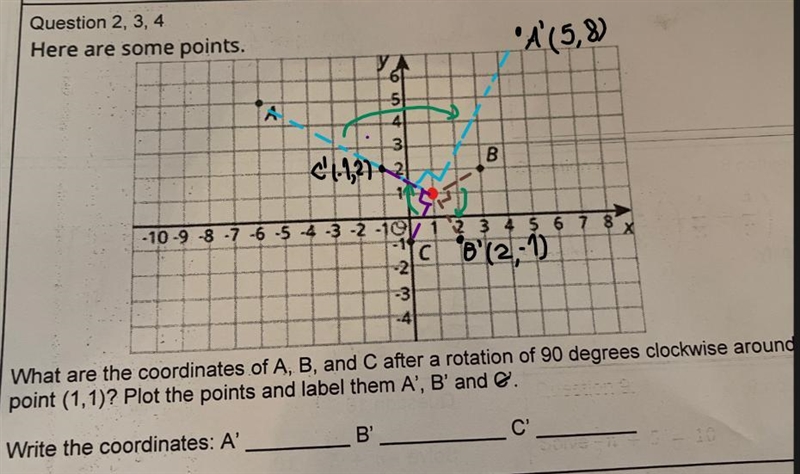 What are the coordinates of A, B, C after a rotation of 90 degrees clockwise around-example-1