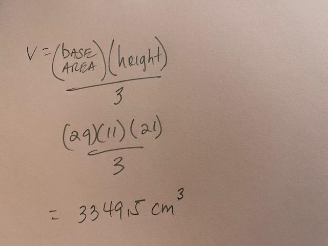 1) Find the volume of the rectangular pyramid below. 21 cm 1 cm 29 cm-example-1