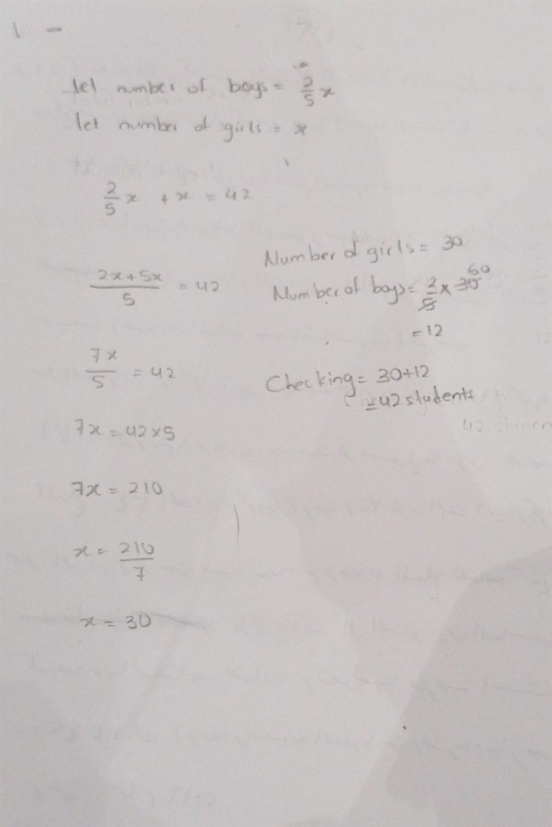 in a class of 42 students,the number of boys is 2/5 of the girls.find the number of-example-1