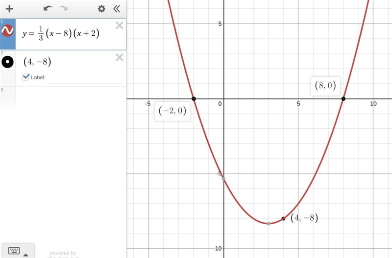 Write a quadratic function in intercept form with x-intercepts at (8,0) and (-2, 0) and-example-1