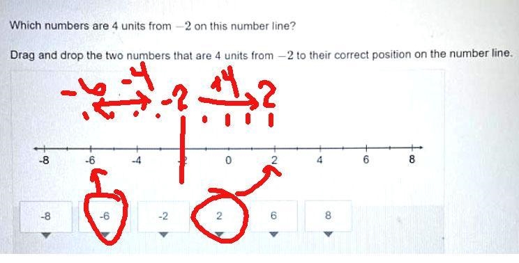 Which numbers are 4 units from -2 on this number line? Drag and drop the two numbers-example-1