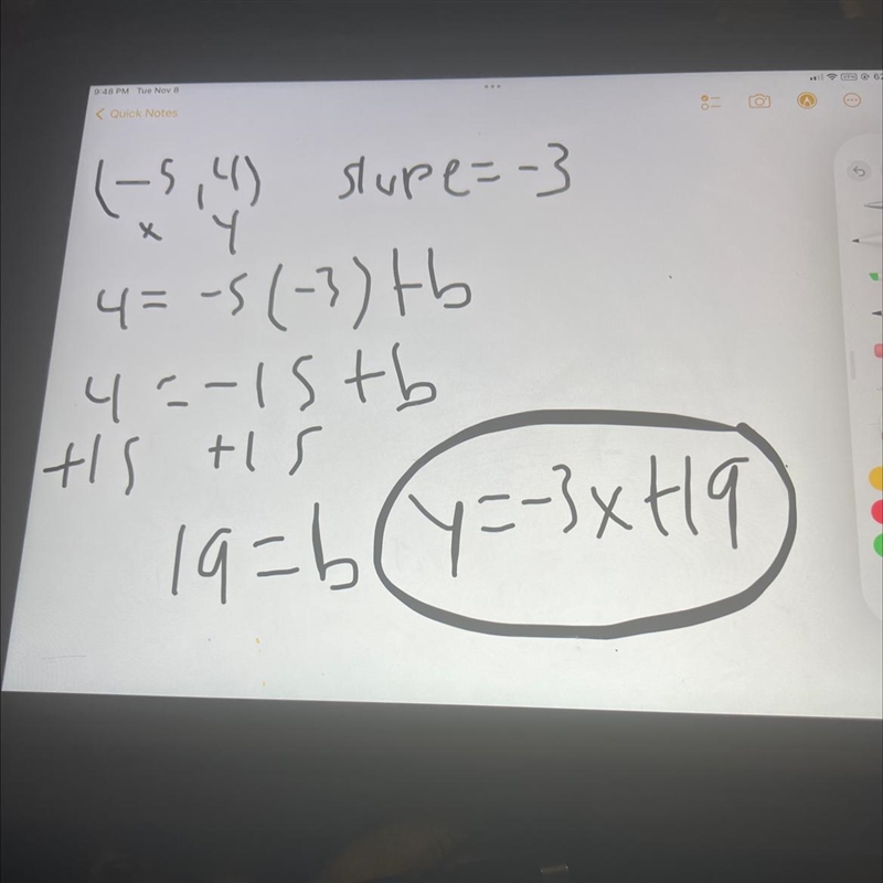 Write an equation of the line that passes through the given point with the given slope-example-1