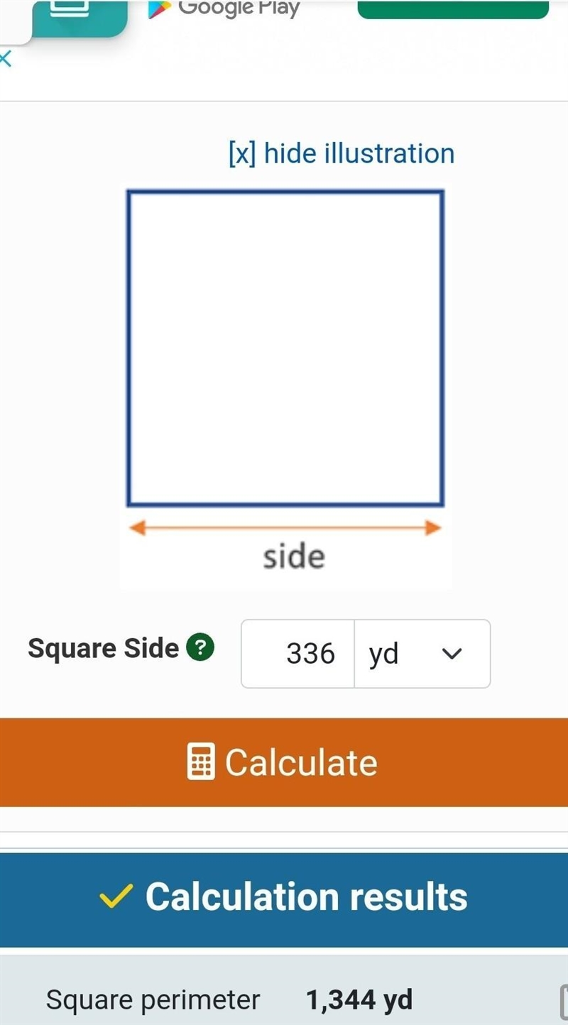 The perimeter of a square field is 336 yards. How long is each side?-example-1