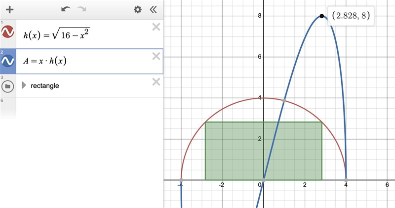 Find the largest area for a rectangle that is inscribed in a semicircle with radius-example-1