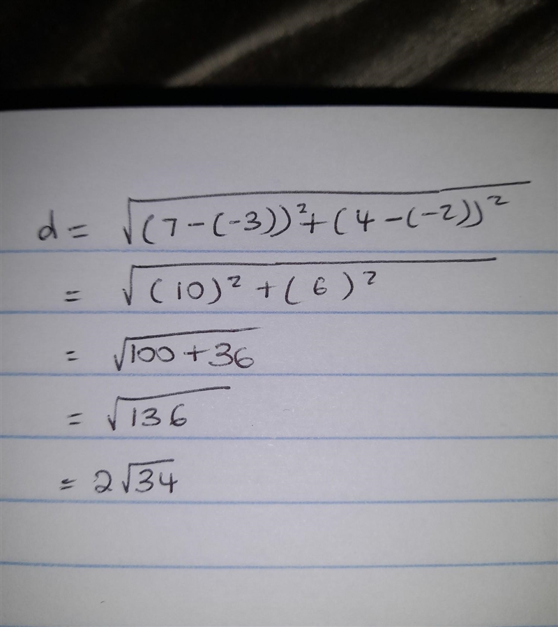 Describe and correct the error in finding the distance between the points (−3,−2) and-example-1