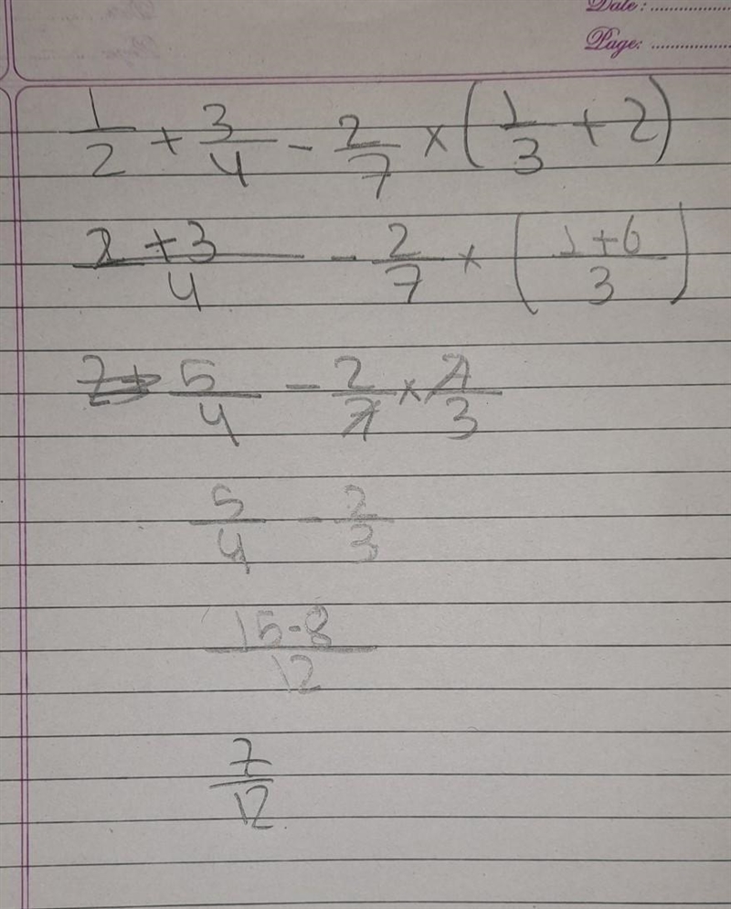 Simplify 1/2+3/4-2/7×(1/3+2)​-example-1