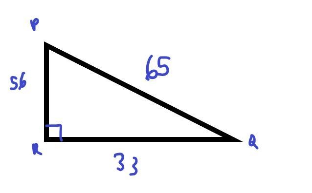 In ΔPQR, the measure of ∠R=90°, QP = 65, RQ = 33, and PR = 56. What ratio represents-example-1