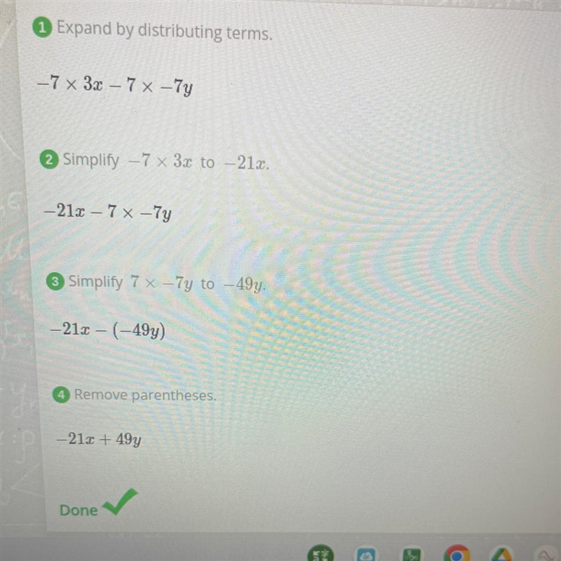 How to simplify -7 ( 3x - 7y) ?-example-1