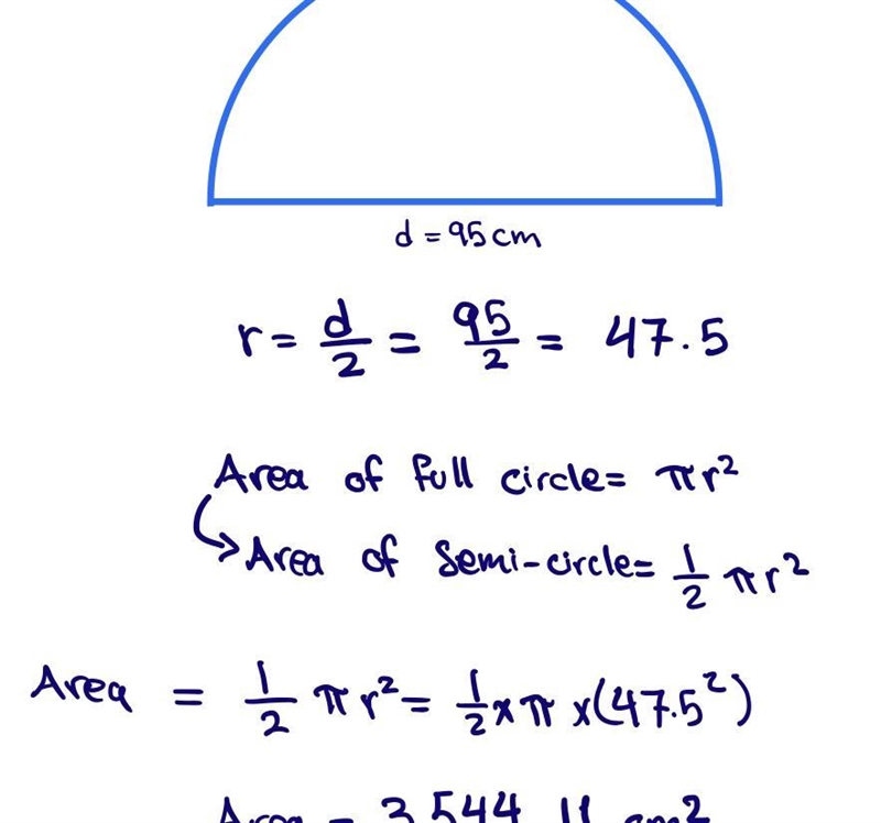 Find the area of this semi-circle with diameter, d = 95cm-example-1