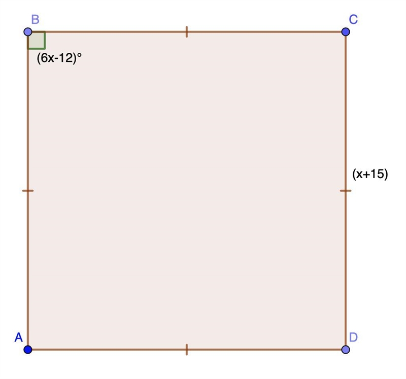 ABCD is a square. If LABC = (6x - 12)° and CD= (x + 15). Find the length of AD.-example-1