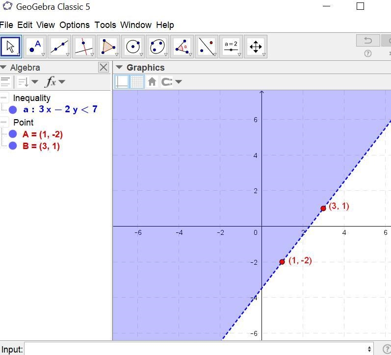 6. (04.05 MC) Which Inequality matches the graph? (1 point) -2x+3y>7 2x+3y &lt-example-2