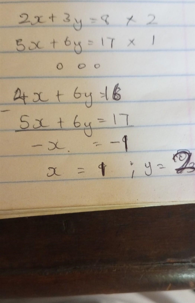 Solve the system using elimination? 2x+3y=8 5x+6y=17-example-1