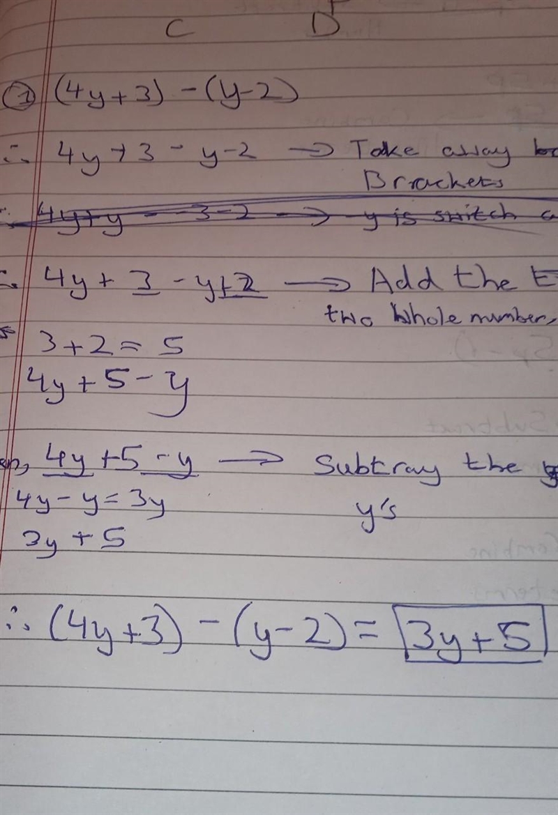 Find the sum or difference 1. (4y+3)-(y-2)​ 2. (3p-7)+(5p-6)-example-2