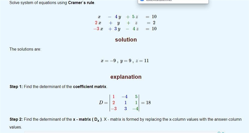 Solve the Matrix. x - 4y + 5z = 10 \\ 2x + y + z = 2 \\ - 3x + 3y - 4z = 10-example-1