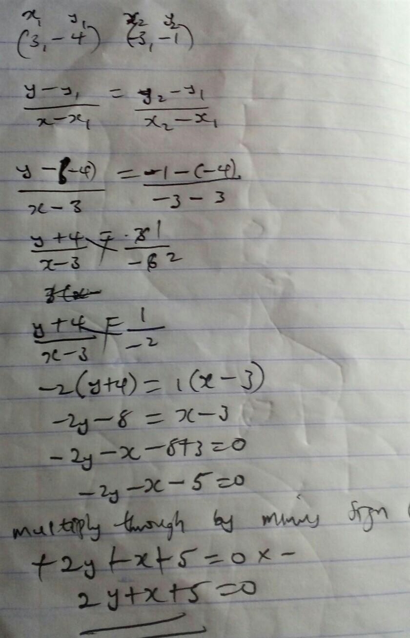 Find an equation for the line that passes through the points (3, -4) and (-3, -1).-example-1