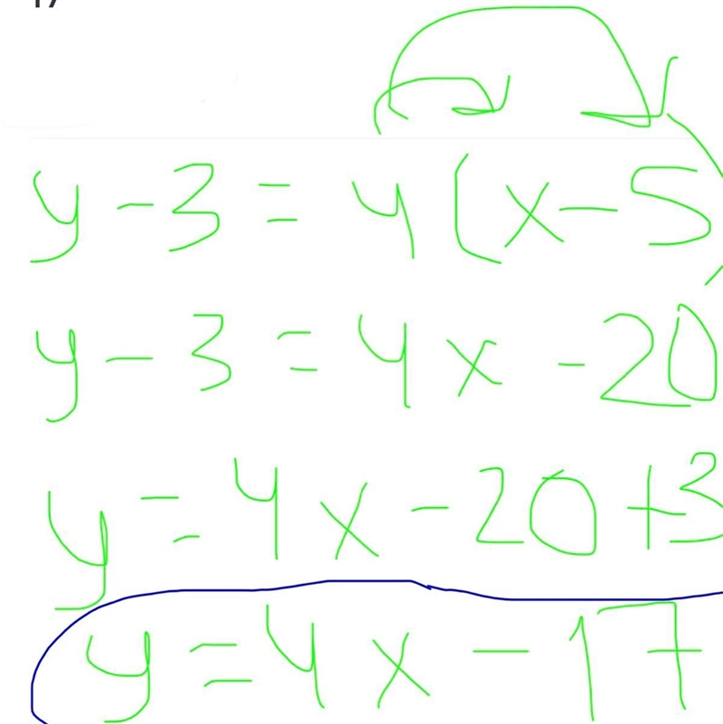 Which equation is equivalent to y−3=4(x−5)? y=4x−2y is equal to 4 x minus 2 y=−4x-example-1