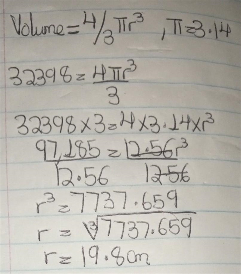 What is the radius of a sphere with a volume of 32398cm3 cm to the nearest tenth of-example-1