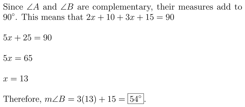 ∠A and \angle B∠B are complementary angles. If m\angle A=(2x+10)^{\circ}∠A=(2x+10) and-example-1