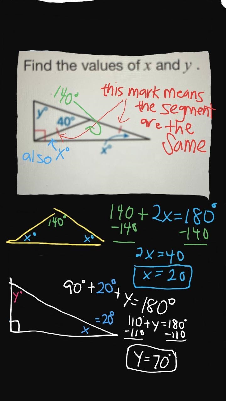 find the values of x and y. it’s a right triangle but part of it is split. the left-example-1