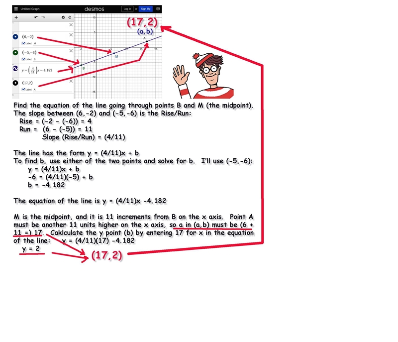 PLEASE HELP!! (9) Point M (6,-2) bisects the line segment joining A (a,b) and B (-5,-6). find-example-1