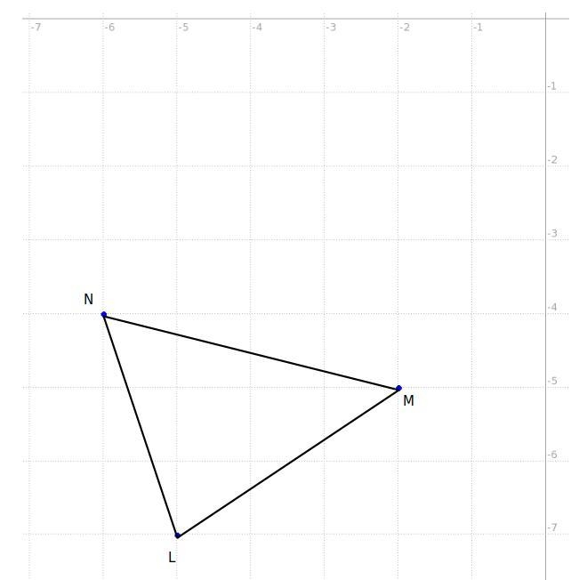 triangle lmn, with vertices L(-5,-7), M(-2,-5), and N(-6,-4), is drawn on the coordinate-example-1