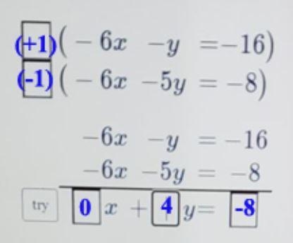 Solve the system of equations :-6x - y = -16-6x -5y = -8-example-1