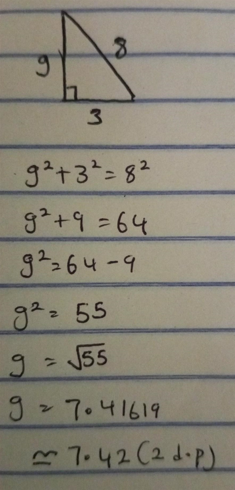 A right-angled triangle has a hypotenuse of length 8 and another side of length 3. Find-example-1