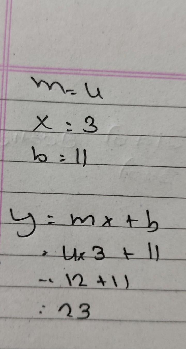 Use the equation below to find y, if m = 4, x = 3, and b 11. y=mx+b-example-1