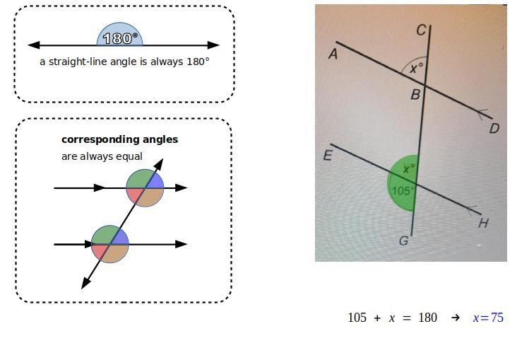 A) Work out the size of angle x. b) Give reasons for your answer. + A E C xº B F 105° G-example-1