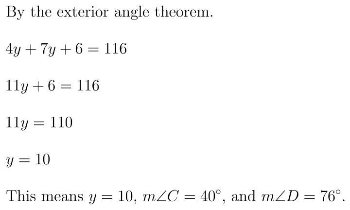 Find the value of y and find m∠C and m∠D in the triangle given below. y = m∠C = m-example-1